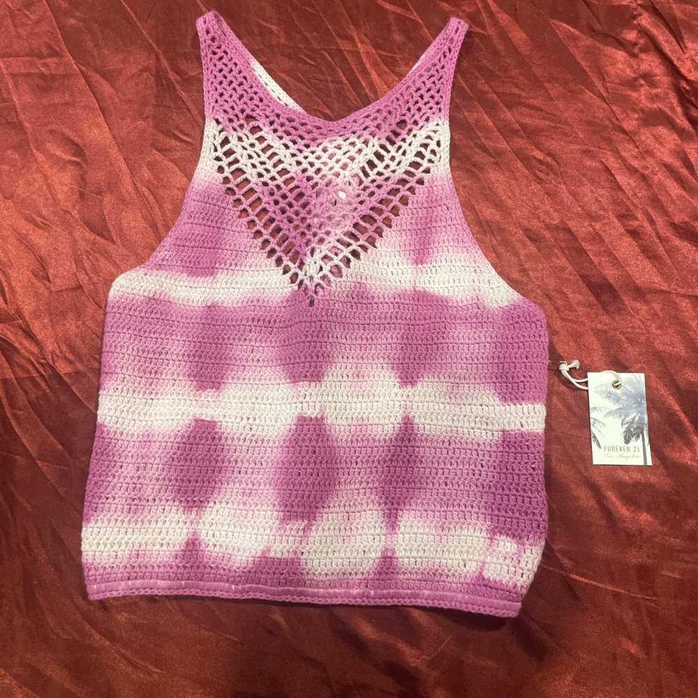 Forever 21 Pink and White Crochet Tank Top